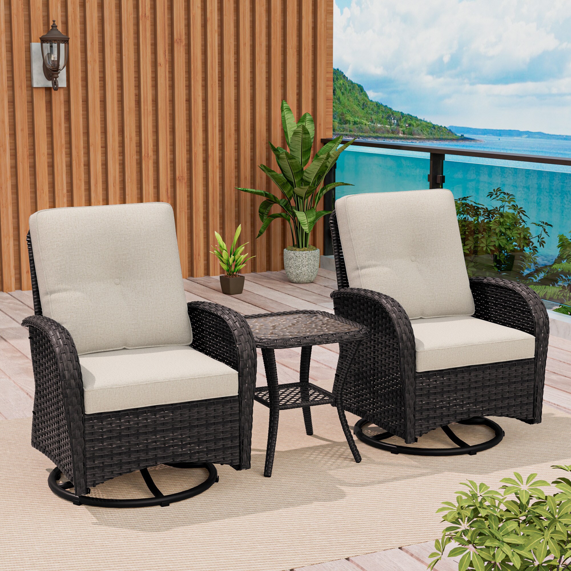 Gardenbee HGL-M65A-BGE 3 -Piece Rattan Patio Conversation Set with Beige Cushions