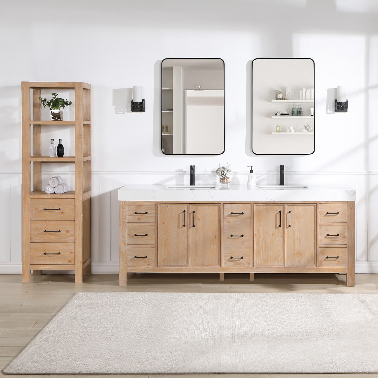 Vinnova 703884-FN-LW León 84-in Fir Wood Brown Finish Undermount Double Sink Bathroom Vanity with Lightning White Engineered Stone Top (Mirror Included)