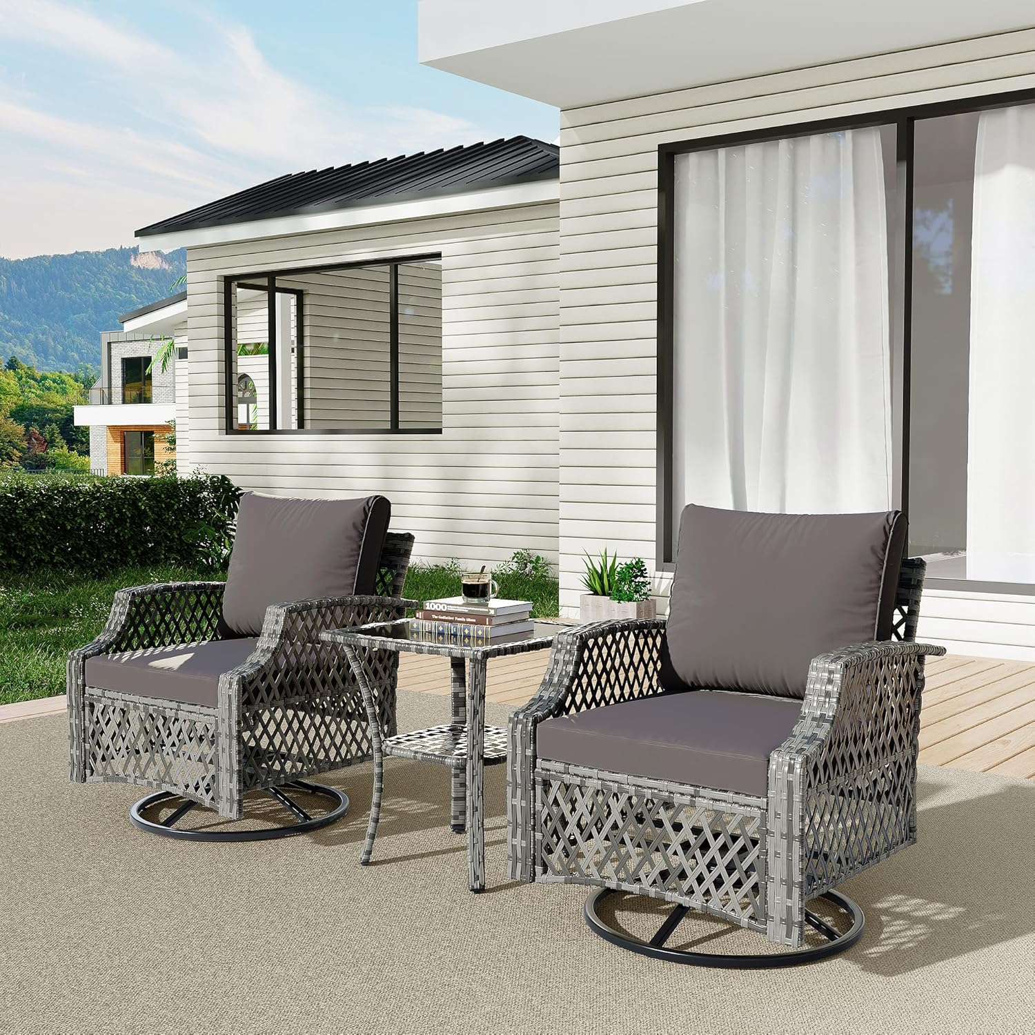 AOXUN PA-120GR09 Patio Conversation Sets 3 -Piece Wicker Patio Conversation Set with Gray Cushions