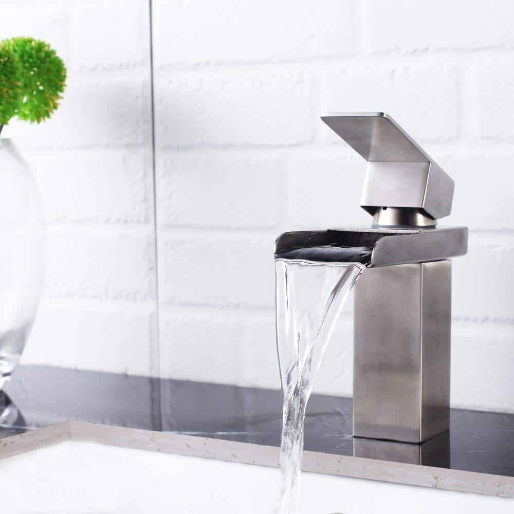 Wooakway - Deck Mount Single Handle Single Hole Bathroom Sink Faucet Brushed Nickel