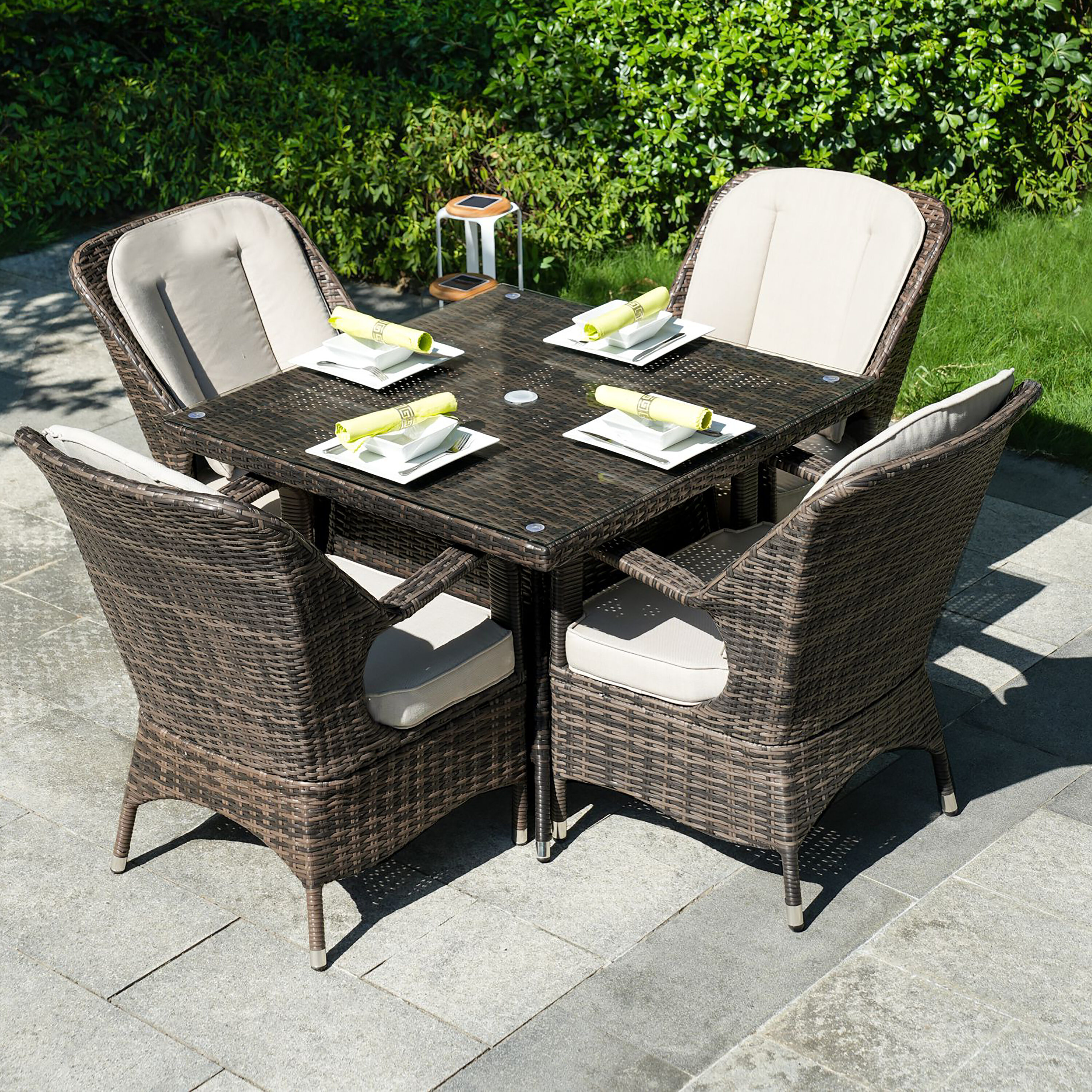 Moda Furnishings MPAD-1710-BR 5 -Piece Brown Wicker Patio Dining Set Wicker Square Table with 4 Beige Cushions Stationary Chairs
