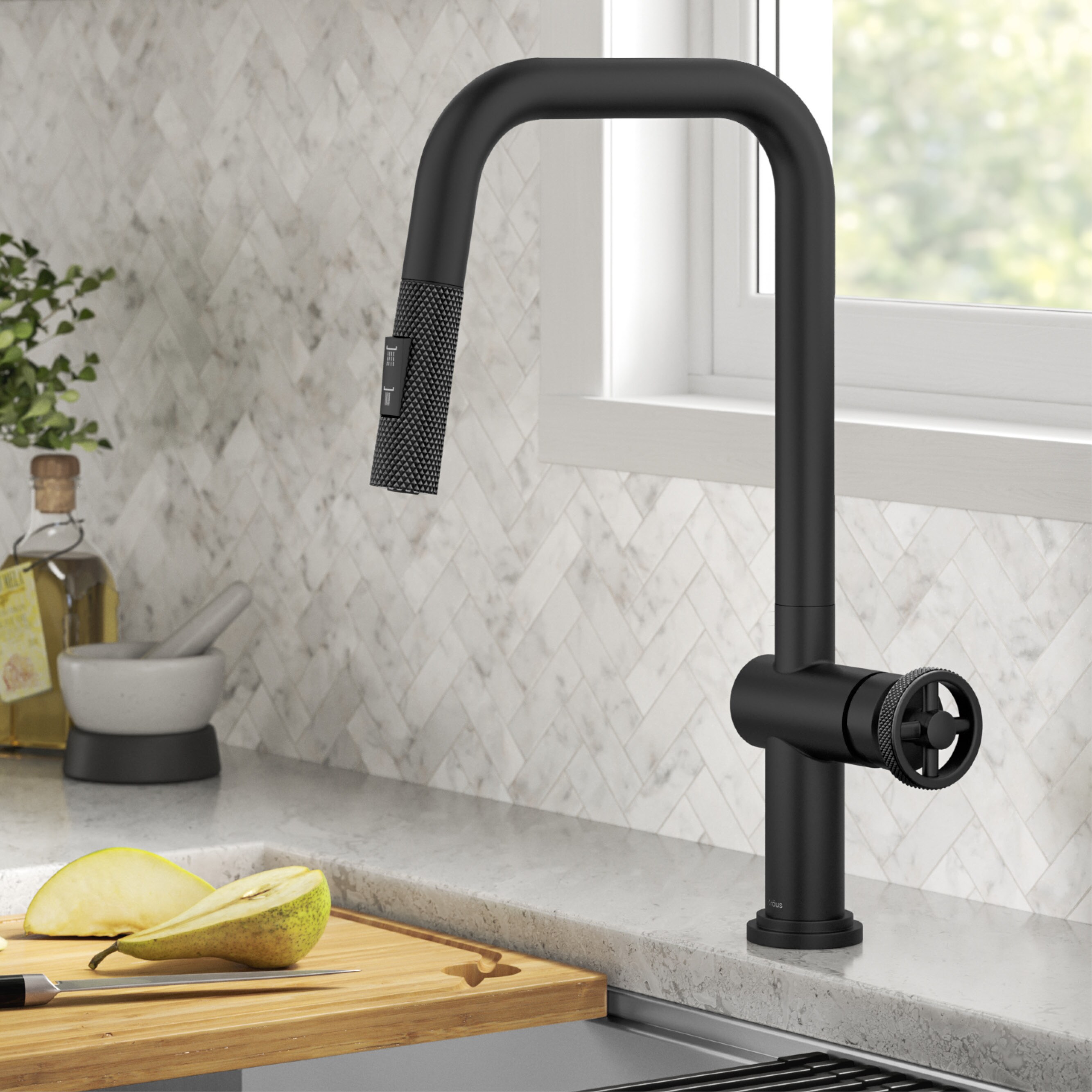 Kraus KPF-3126MB Urbix Matte Black Single Handle Deck-mount Pull-down Kitchen Faucet with Sprayer