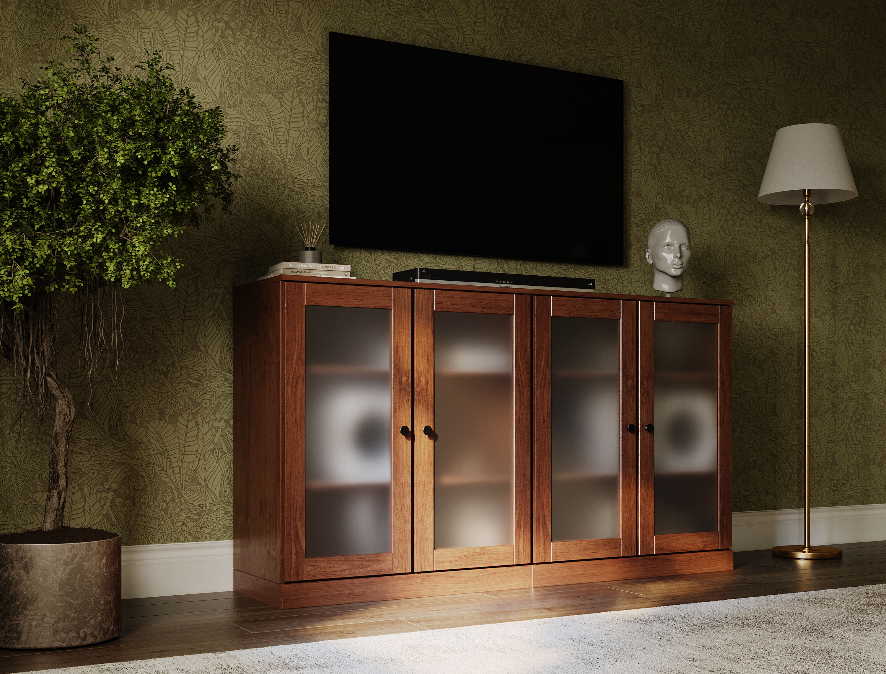 Palace Imports Solid Wood Modular TV Stand with Frosted Glass Doors for ...