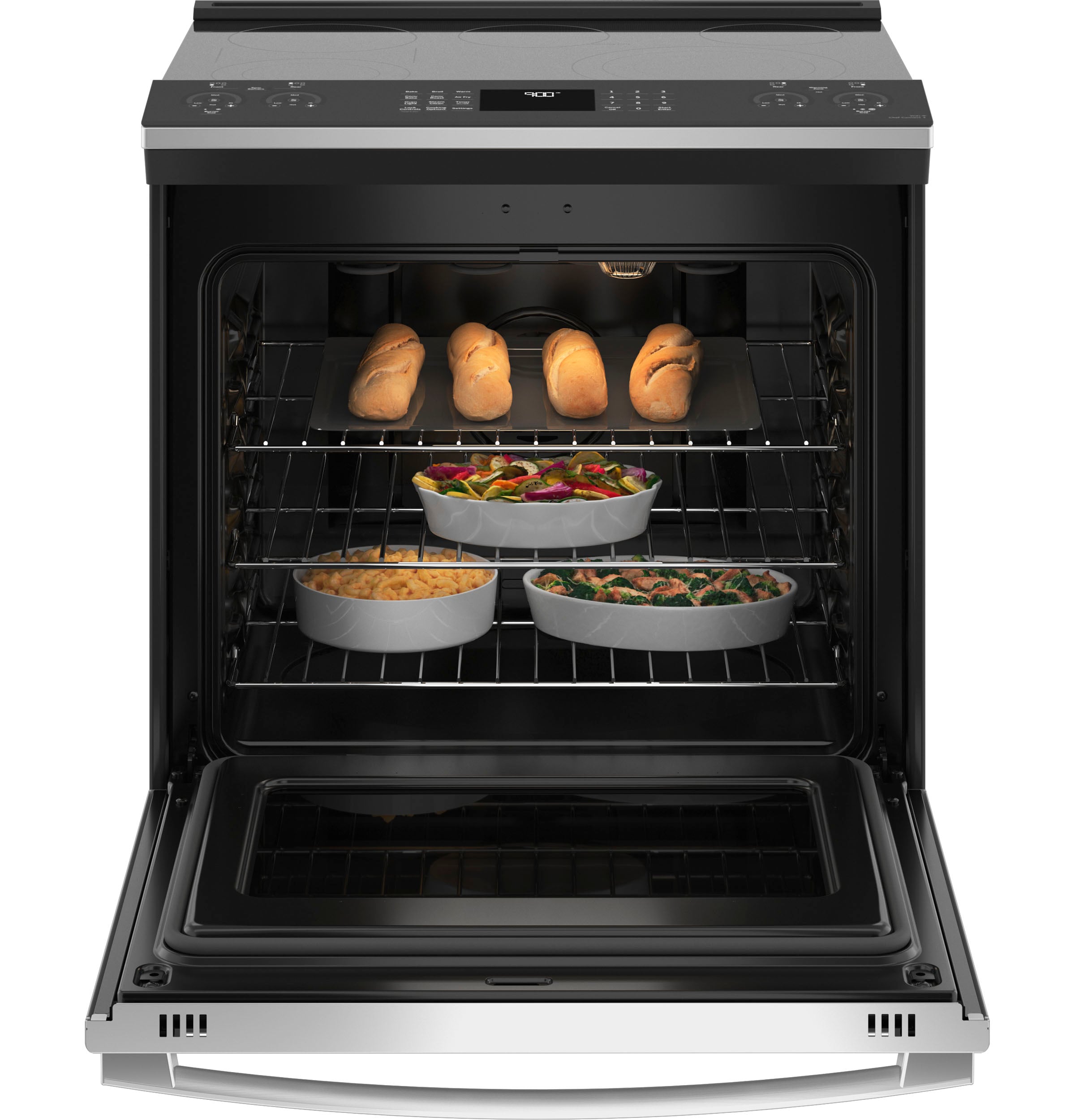 GE 30-in Glass Top 5 Elements 5.3-cu ft Self-Cleaning Air Fry Convection  Oven Slide-in Smart Electric Range (Stainless Steel)
