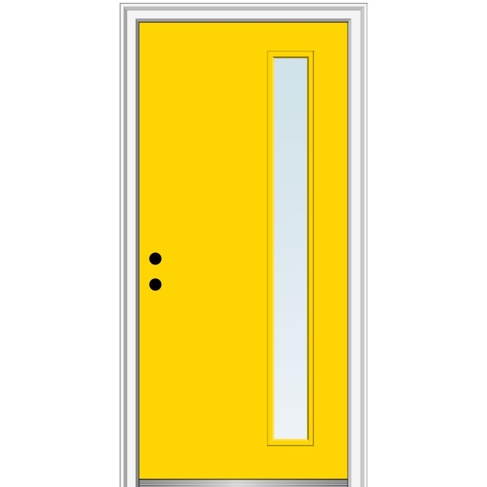 MMI DOOR ZZ345908R Spotlights 30-in x 80-in x 4-9/16-in Fiberglass Pulse lite Right-hand inswing Yellow Flash Painted Prehung Front Door with Brickmould Insulating core