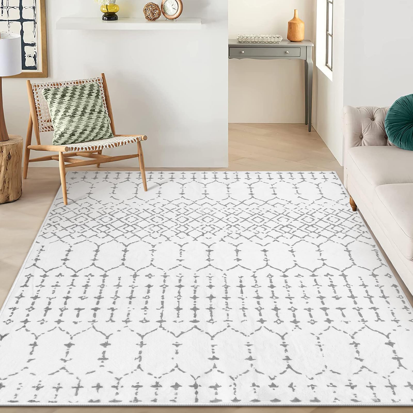 Lahome AR-DYR-061-W3 6 x 9 (ft) White Minimalist Geometric Short Pile Velvet Rectangular Indoor Area Rug