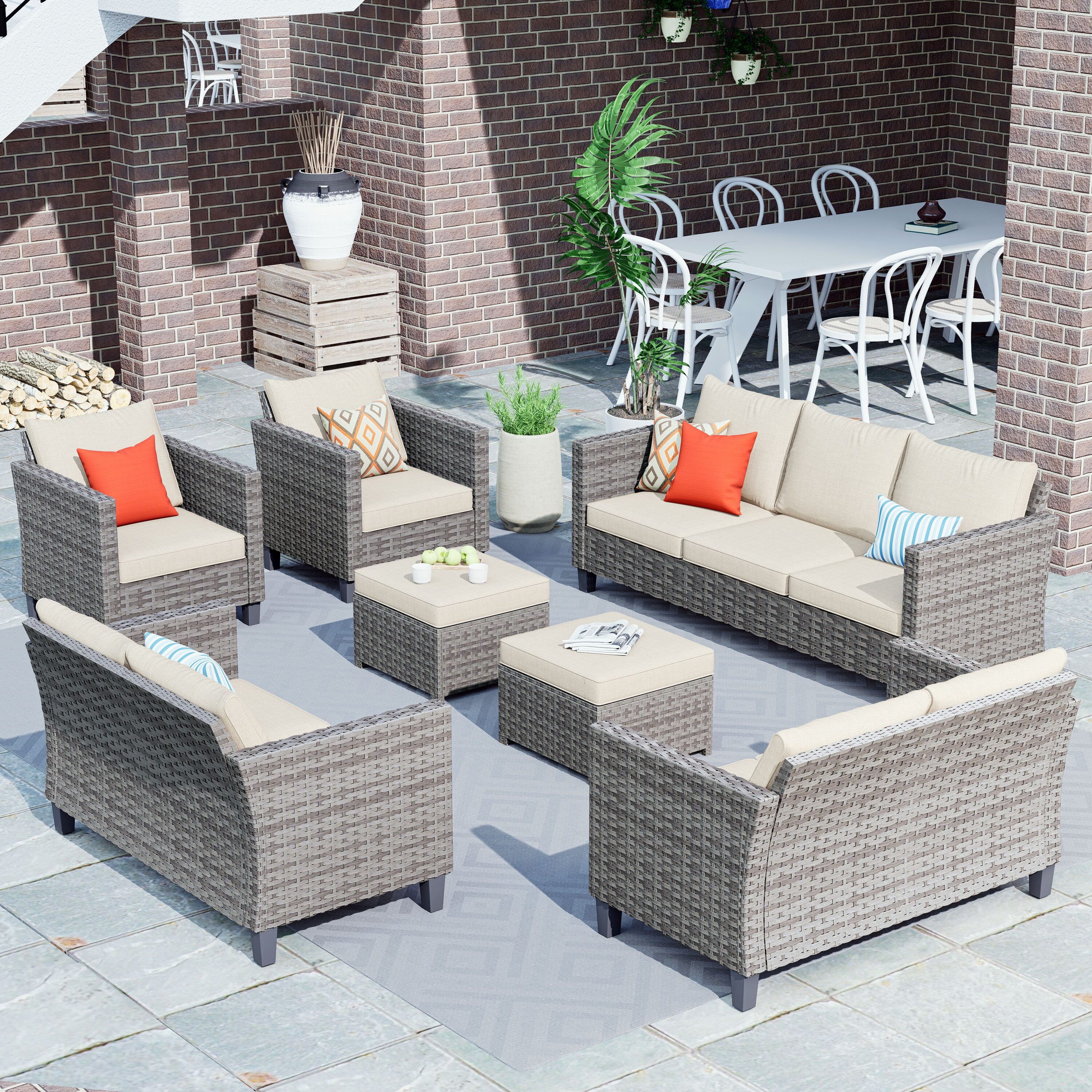 Pouuin SGRS6009 7 -Piece Wicker Patio Sofa Conversation Set with Beige Cushions