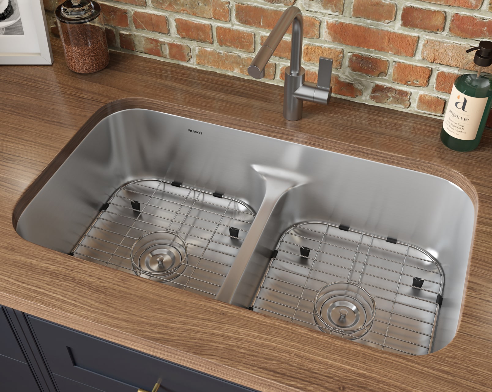 Ruvati Parmi Undermount 32.25-in x 18.875-in Brushed Stainless Steel Double  Offset Bowl Kitchen Sink in the Kitchen Sinks department at