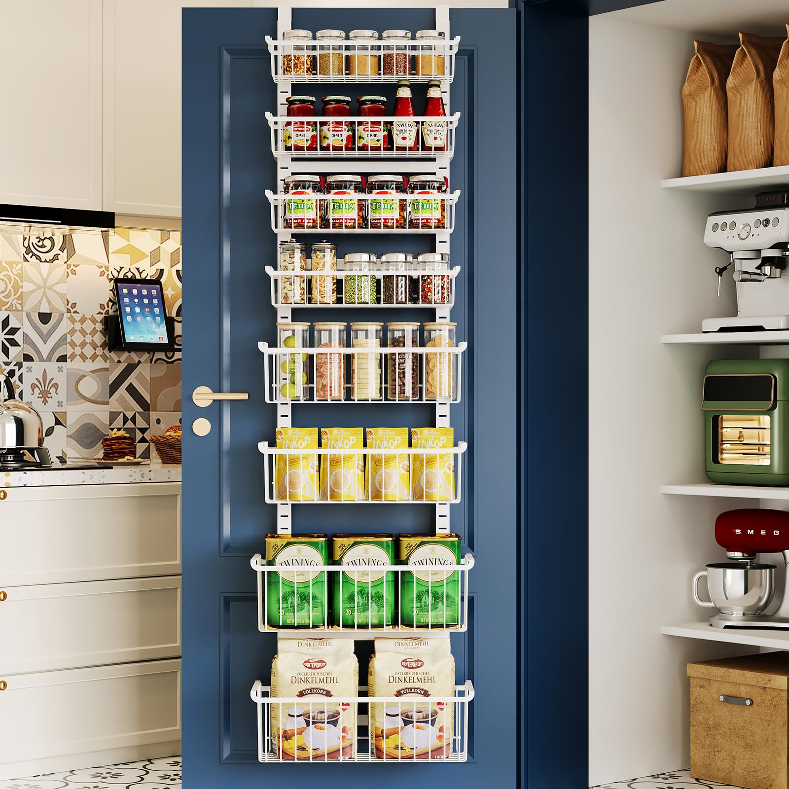 Etokfoks  8 Tier White Over Door Organizer with Adjustable Baskets Metal Hanging Spice Rack for Kitchen Laundry Bathroom No Drill