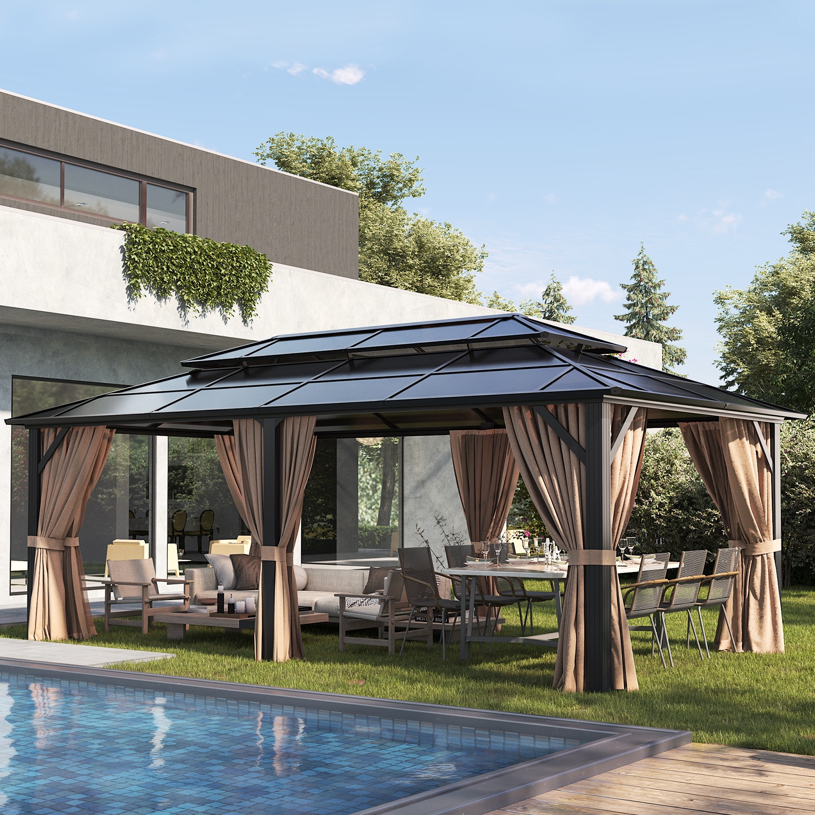 Large Rectangular Brown Aluminum Hardtop Gazebo with Curtains and Netting
