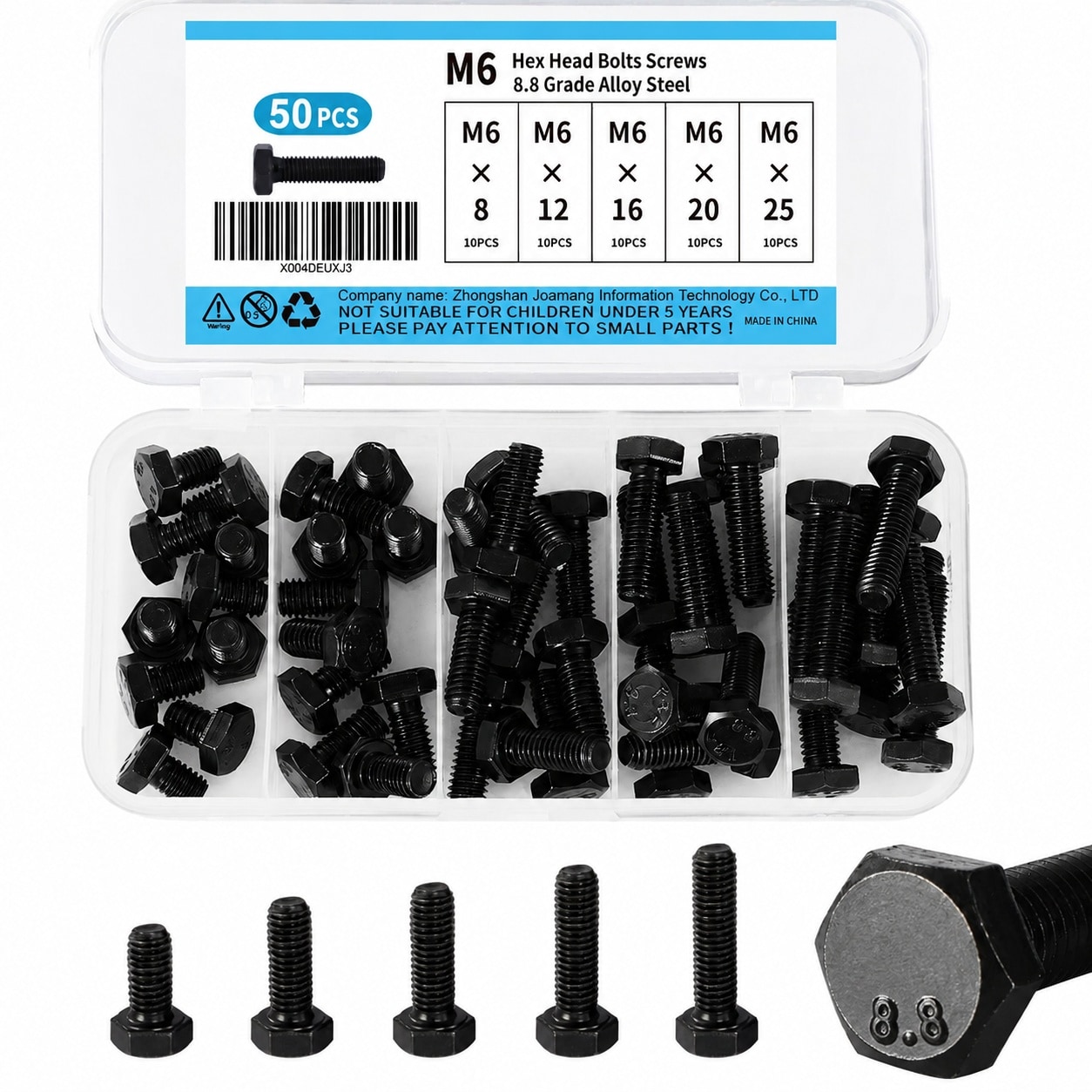 KHKFY  M6 x 8mm 12mm 16mm 20mm 25mm Hex Bolts Black Oxide Finish Alloy Steel Metric Full Thread Assortment Kit 50 Pieces durable