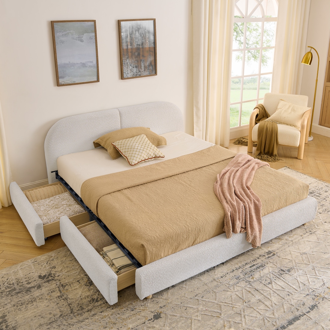 CHITA Queen Size Farmhouse Fabric Upholstered Bed Frame with 4 Storage ...