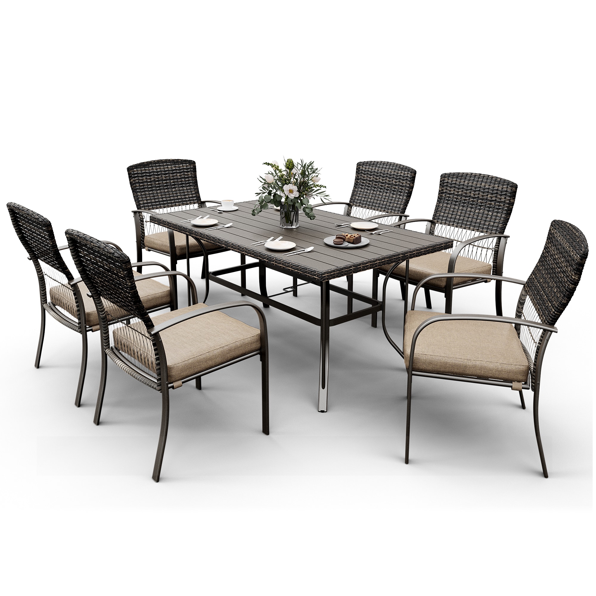 PamaPic TB-CZ-7JT-B-WL1 Patio Dining Sets 7 -Piece Brown Rattan Patio Dining Set Iron Rectangle Table with 6 Brown Cushions Stationary Chairs