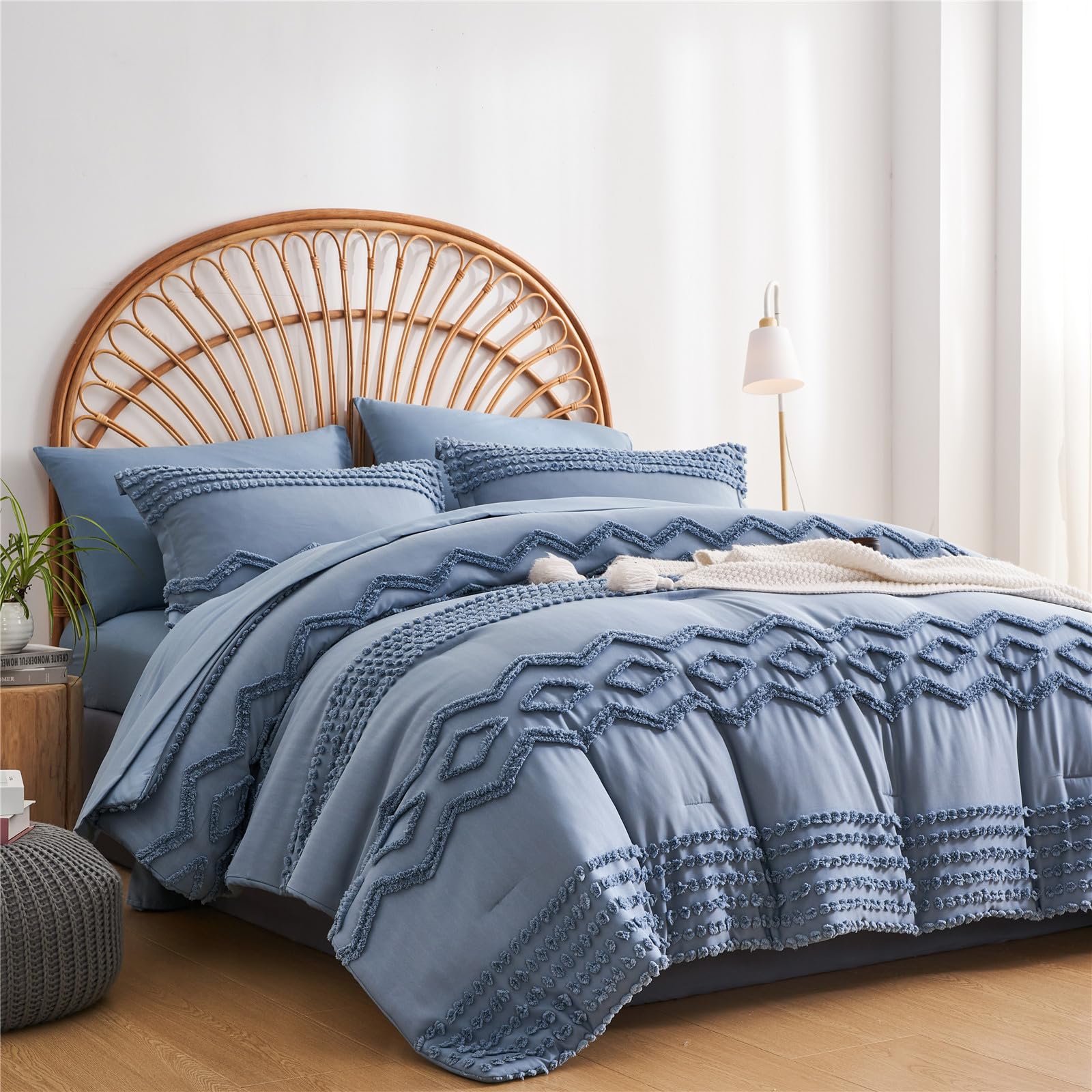 WZKZLH Blue King 7 Piece Boho Tufted Comforter Set Bed In A Bag All Season Soft Microfiber Bedding