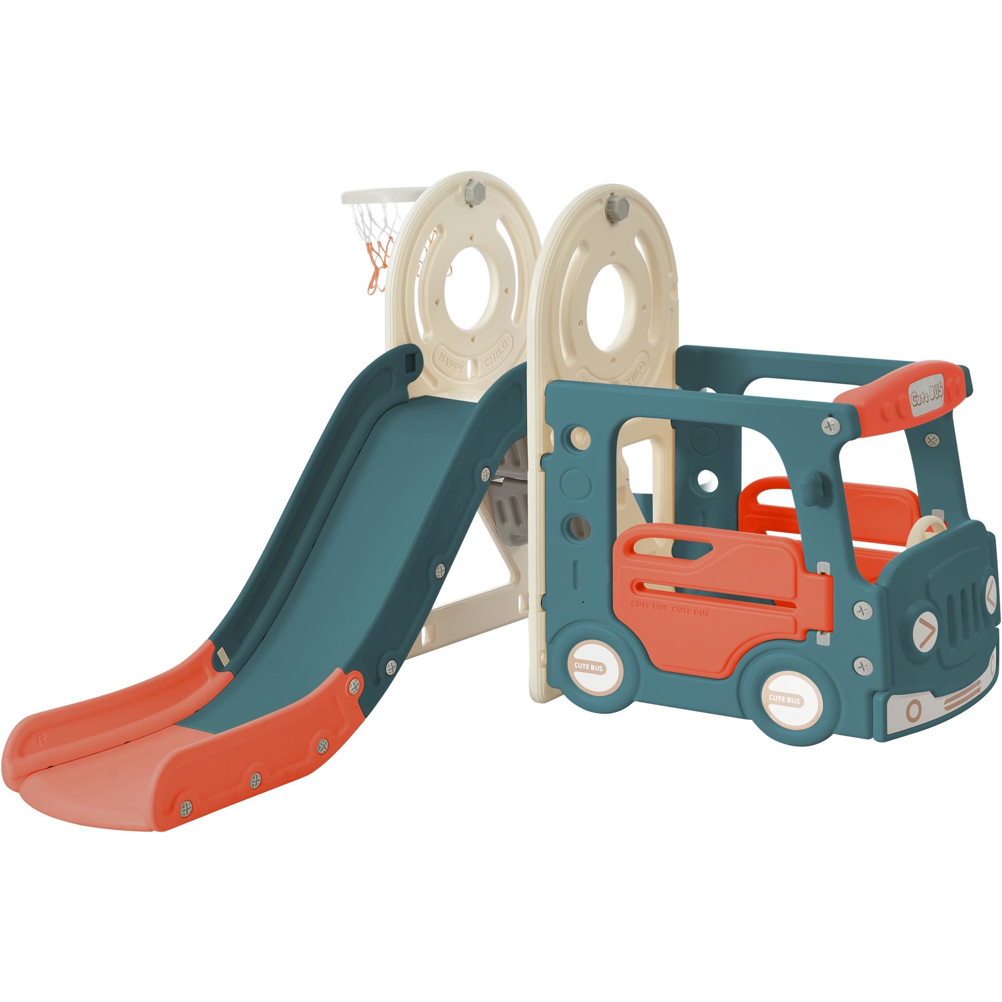 Siavonce XHINHSV Kids Slide with Bus Play Structure, Freestanding Bus Toy with Slide For Toddlers, Bus Slide Set with Basketball Hoop