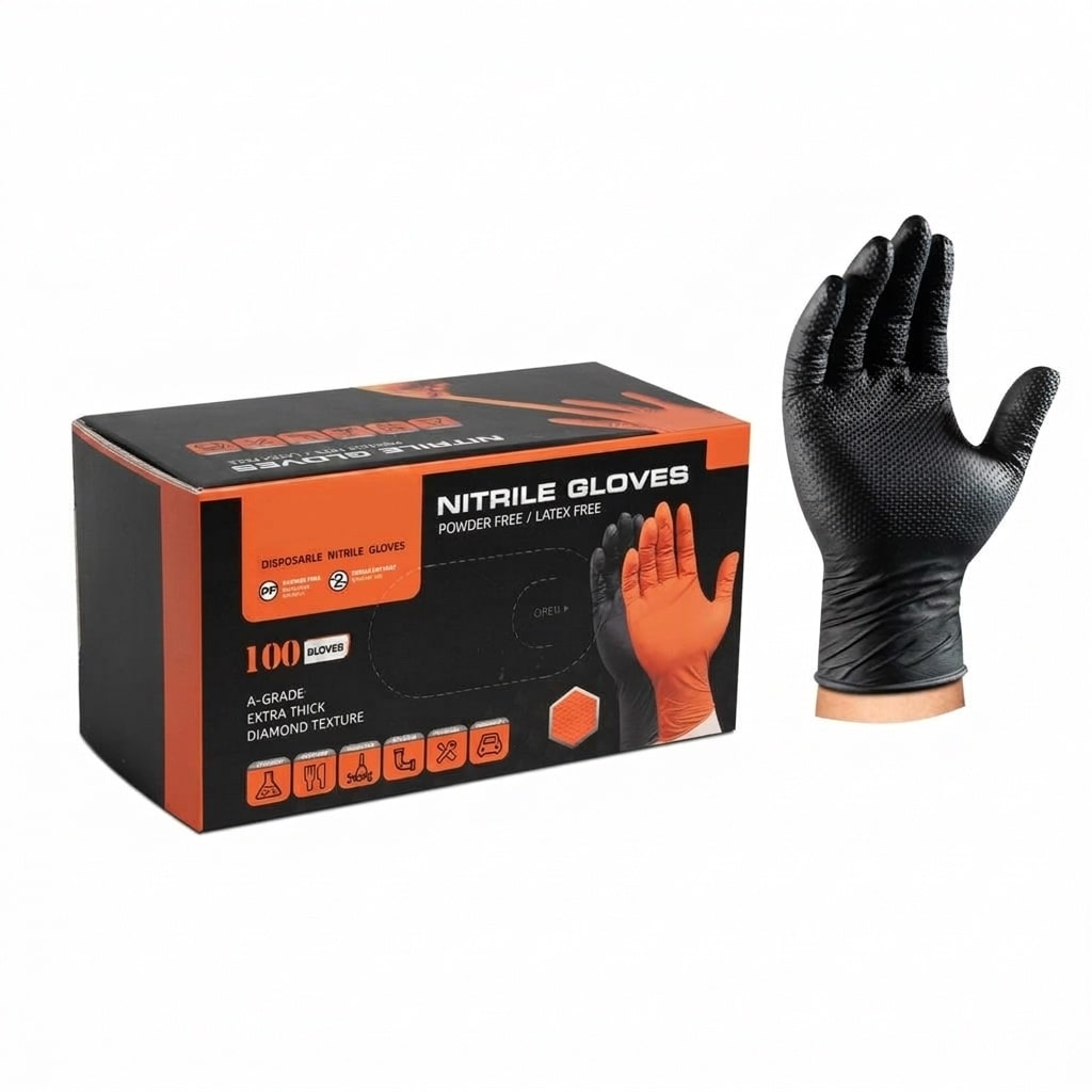 Etokfoks  10mil Heavy Duty Nitrile Gloves XL Black Disposable Diamond Grip Anti Chemical Puncture Resistant Mechanics 100pcs