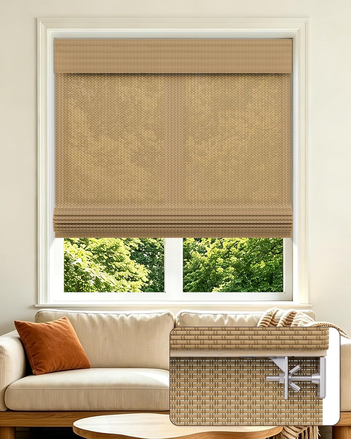 EFCUT Cordless No Drill Light Filtering Bamboo Roman Shade for Windows 31.5 in W x 48 in H Brown Light Filtering Privacy Light Control Window Treatment Bedroom Office Living Room