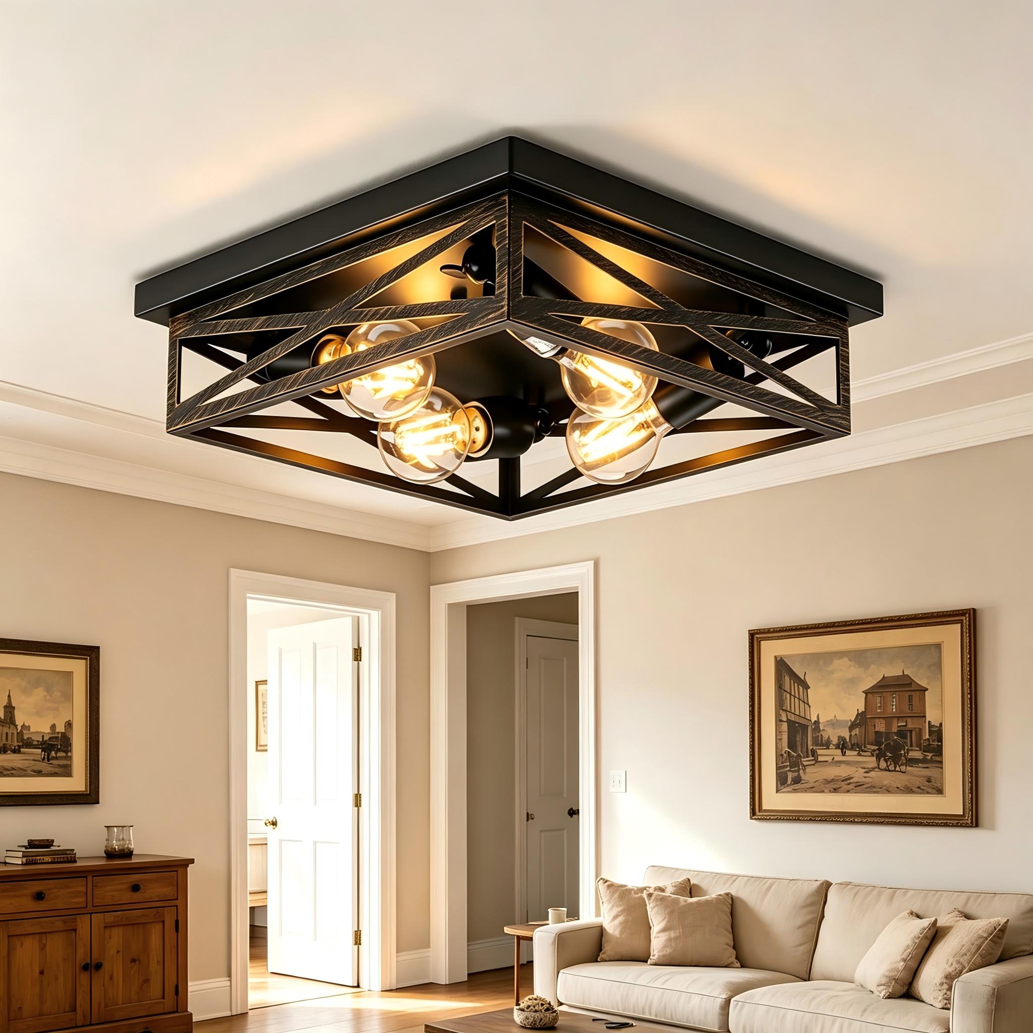 DIKAIDA 4-Light Farmhouse Flush Mount Ceiling Light Industrial Metal Cage Ceiling Lighting E26 Base