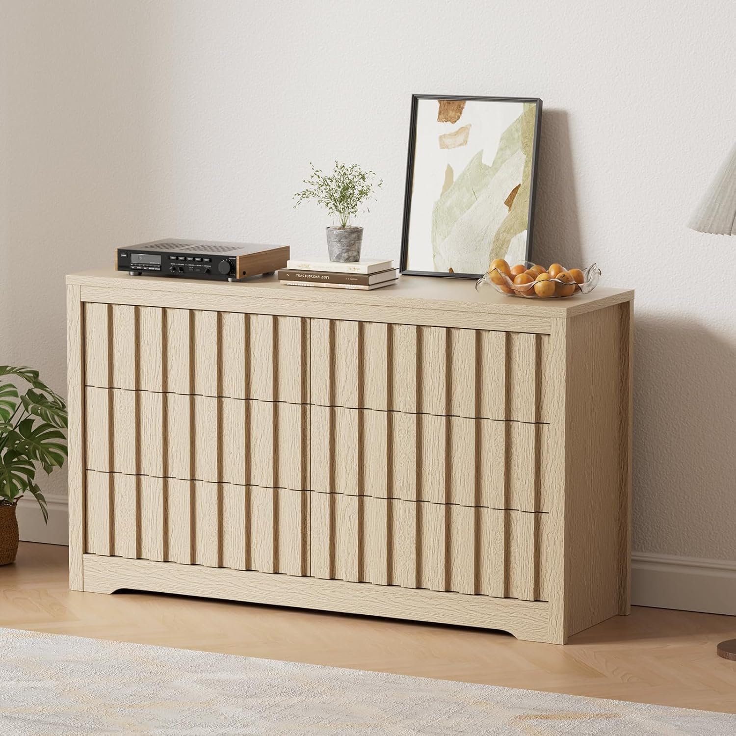 Garvee Modern 6 Drawer Fluted Dresser with Drawers/ Handleless Wooden Chest/ Deep Storage Organizer for Bedroom/ Hallway/ Oak/ Multipurpose chest of drawers for household organization needs