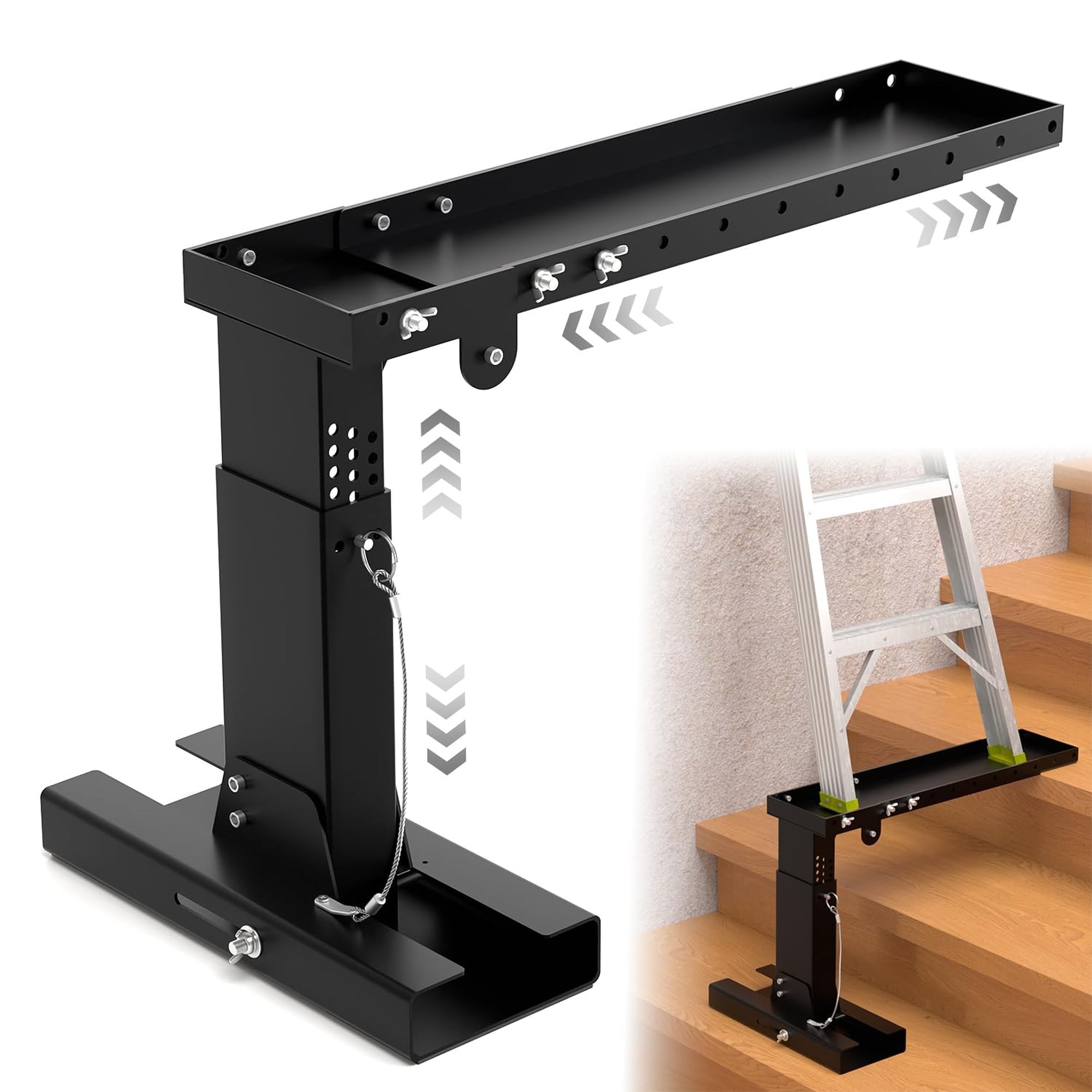 Numhew 20 to 29.6in Adjustable Height Ladder Leveler 11.8in W 17.7in H Black Metal Ladder Stabilizer