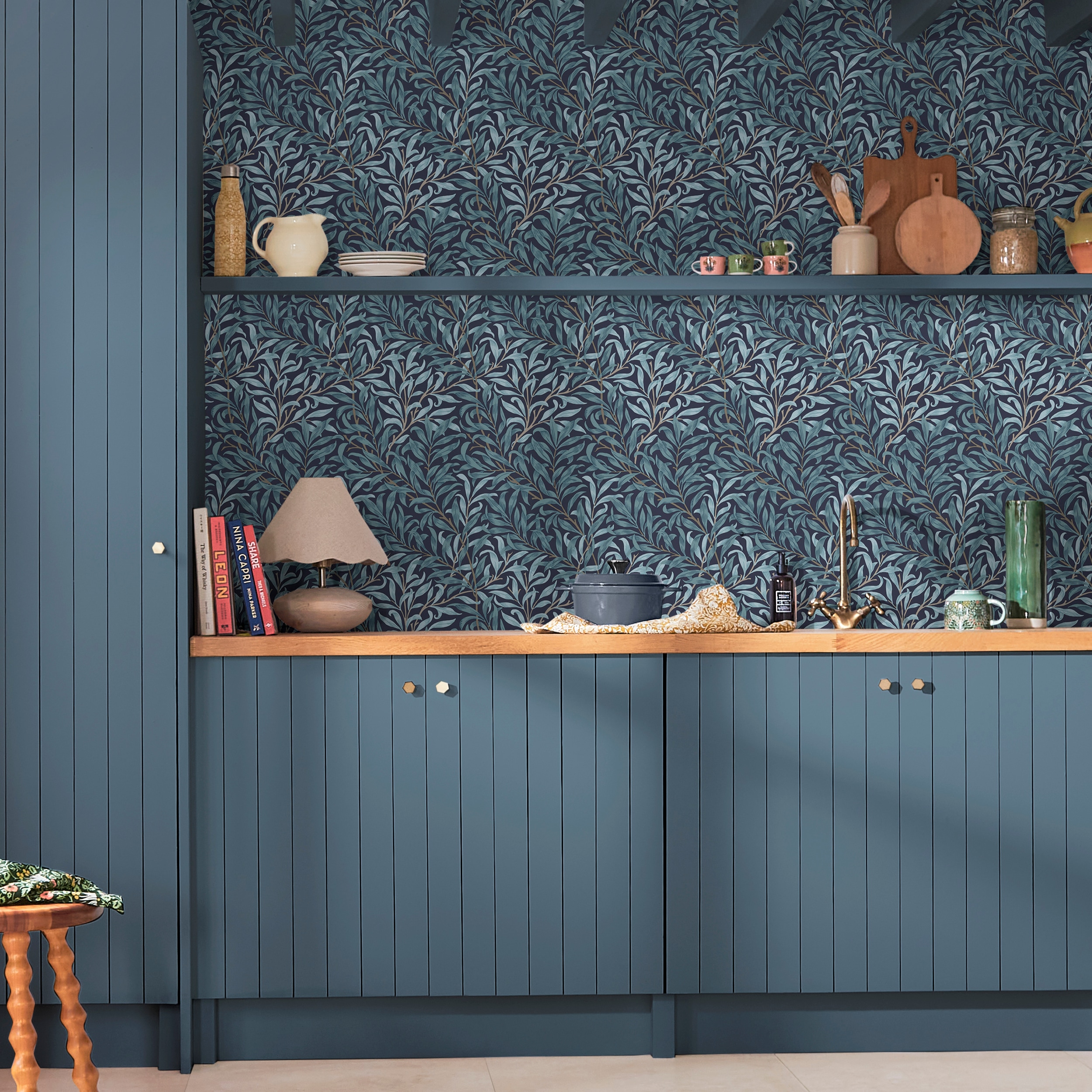 Deep Blue Willow Bough Floral Vinyl Wallpaper