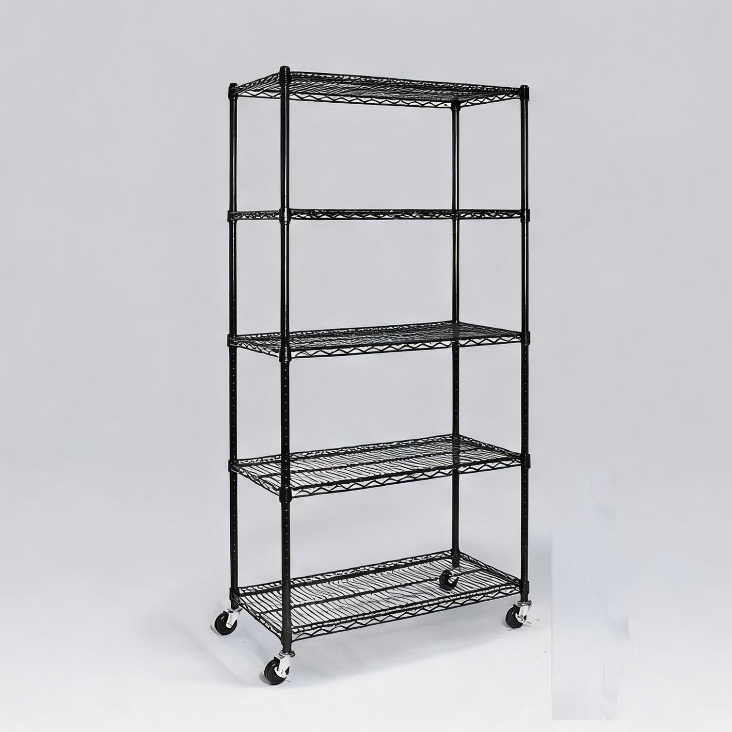 BBabe Classic black steel wire shelving rack with 5 adjustable tiers and locking wheels for heavy-duty storage