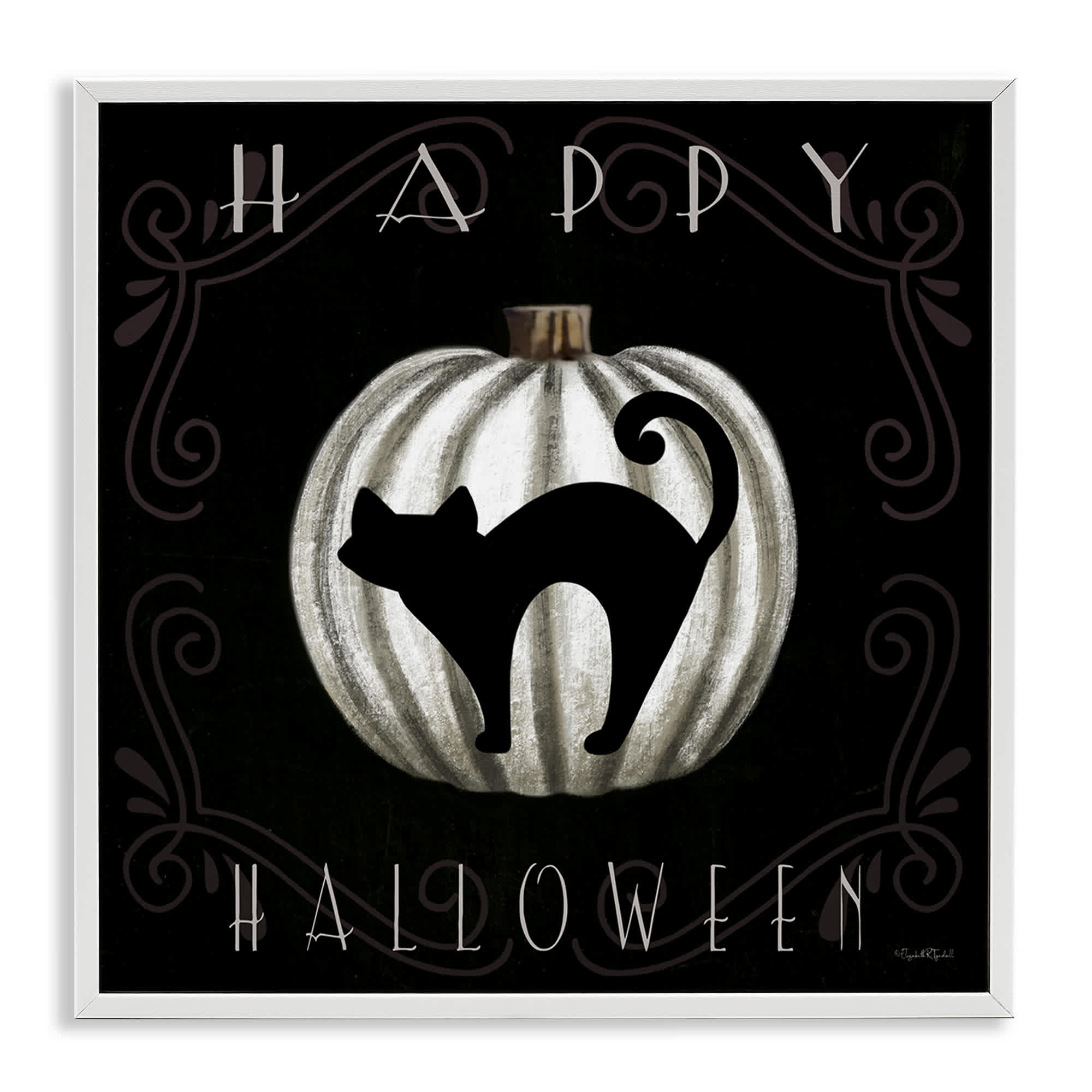 Stupell Industries Happy Halloween Cat and Pumpkin Framed Giclee Art by Elizabeth Tyndall