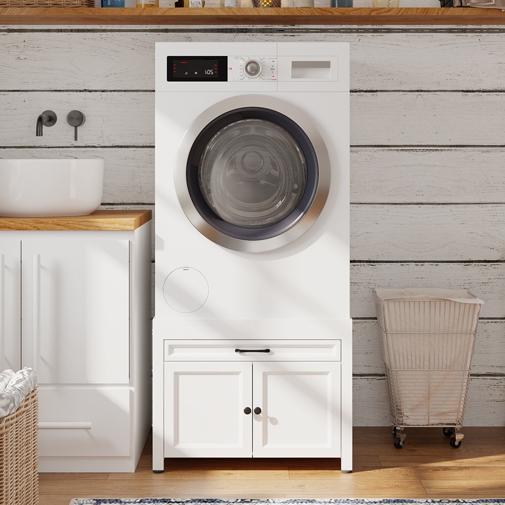 Homsee C-KF590009-01 White 2-Door Low Cabinet with Drawer and Iron Basin – Freestanding Utility Storage Unit with Iron Frame for Laundry or Bathroom Use