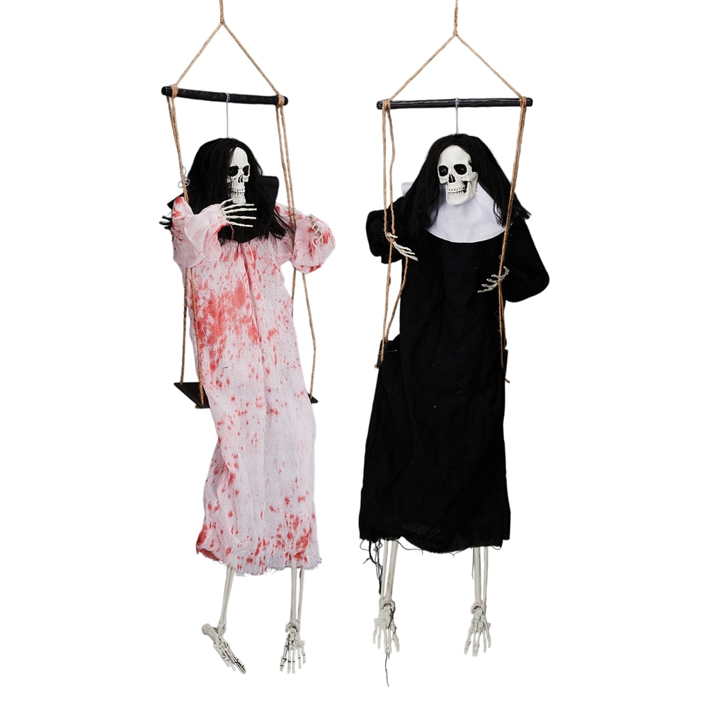 SUNOYAR 2pc Hanging Ghosts Decor with Lighted Up Eyes and Horror Scream 3ft Scary Grim Reaper Swinging Ghost Flying Halloween Decorations