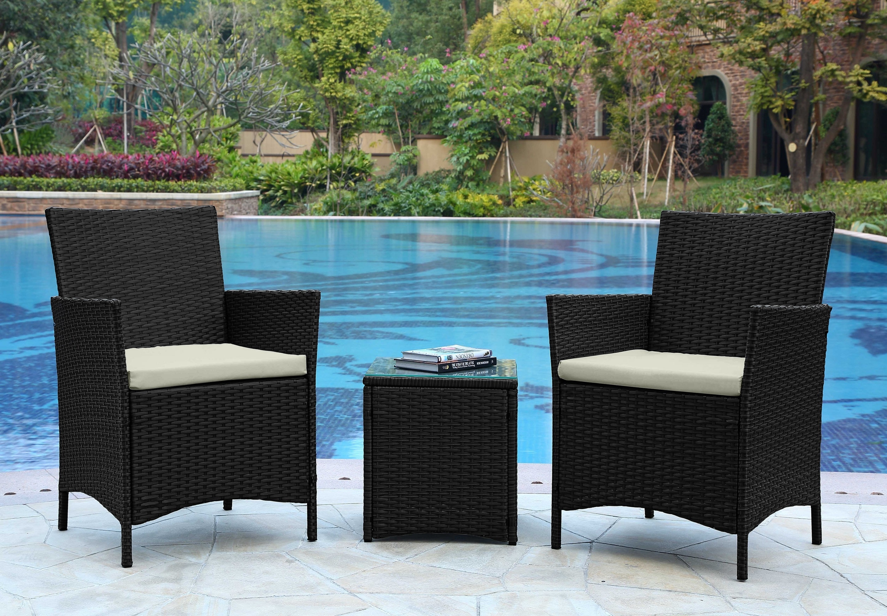 Manhattan Comfort OD-CV020-CR Ashland 3 -Piece Rattan Patio Conversation Set with Off-white Cushions