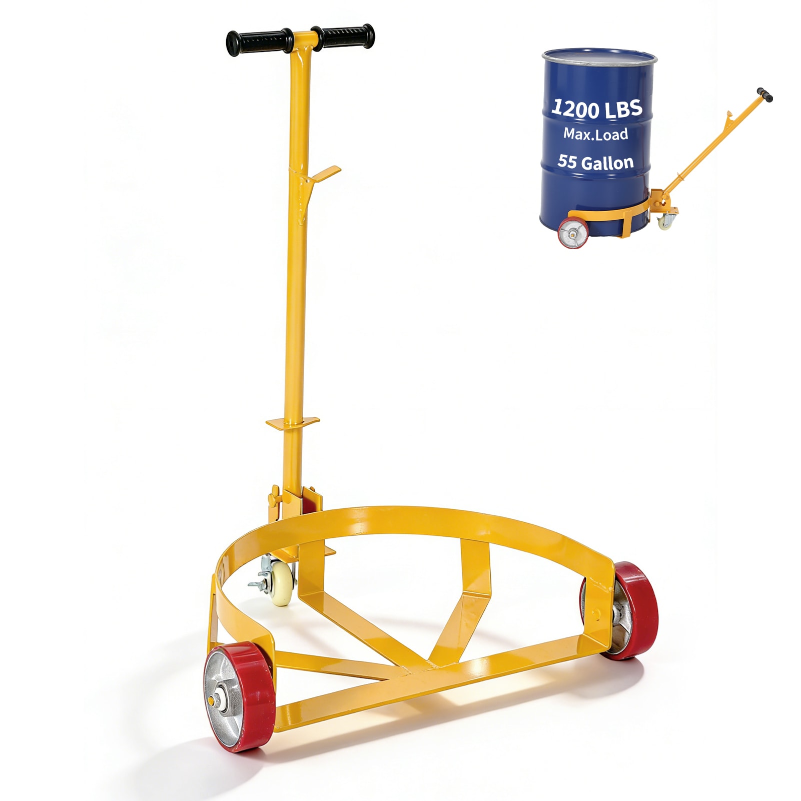 IdealHouse 55 Gallon Drum Dolly 1200 Lbs Capacity Heavy Duty Drum Cart with Bung Wrench Handle Drum Dolly with Swivel Wheels with Brake Low Profile Steel Oil Drum Caddy for Warehouse Workshop Factory Dump