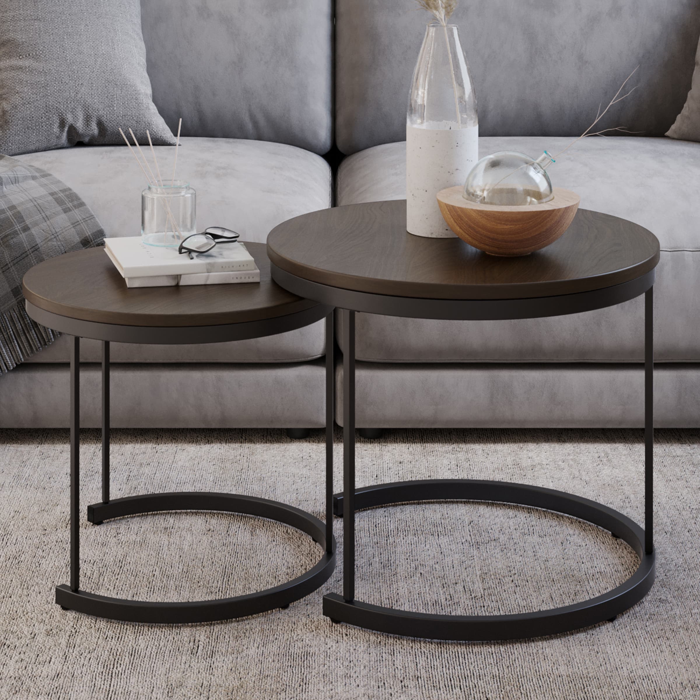 Lavish Home 80-COFF-RDNEST-WAL Set of 2 Nesting Table Brown Walnut Woodgrain MDF Modern Coffee Table