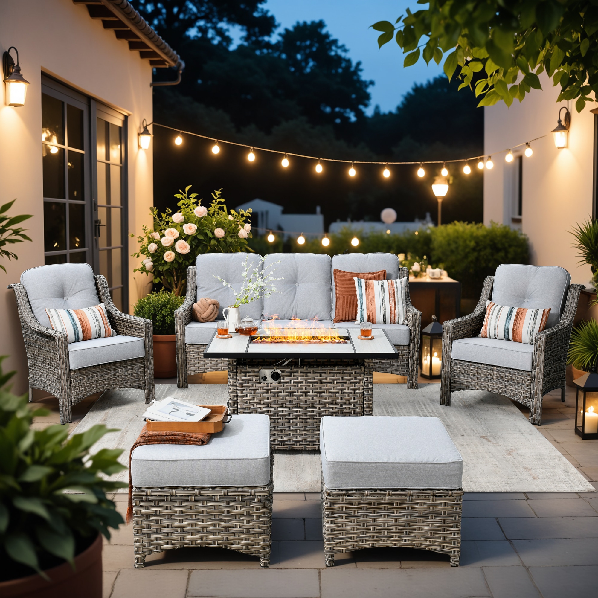 XIZZI XIPAD4164-CFP Pyrophyllite 6 -Piece Rattan Patio Sofa Conversation Set with Gray Cushions