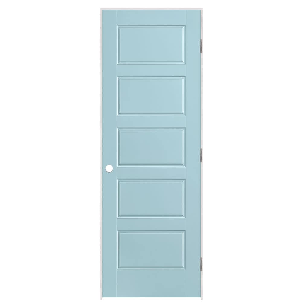 Masonite 1444661 28-in x 80-in Sea Mist Solid core 5-panel equal Left hand Smooth Prefinished Molded composite Flat Jamb Single Prehung Interior Door