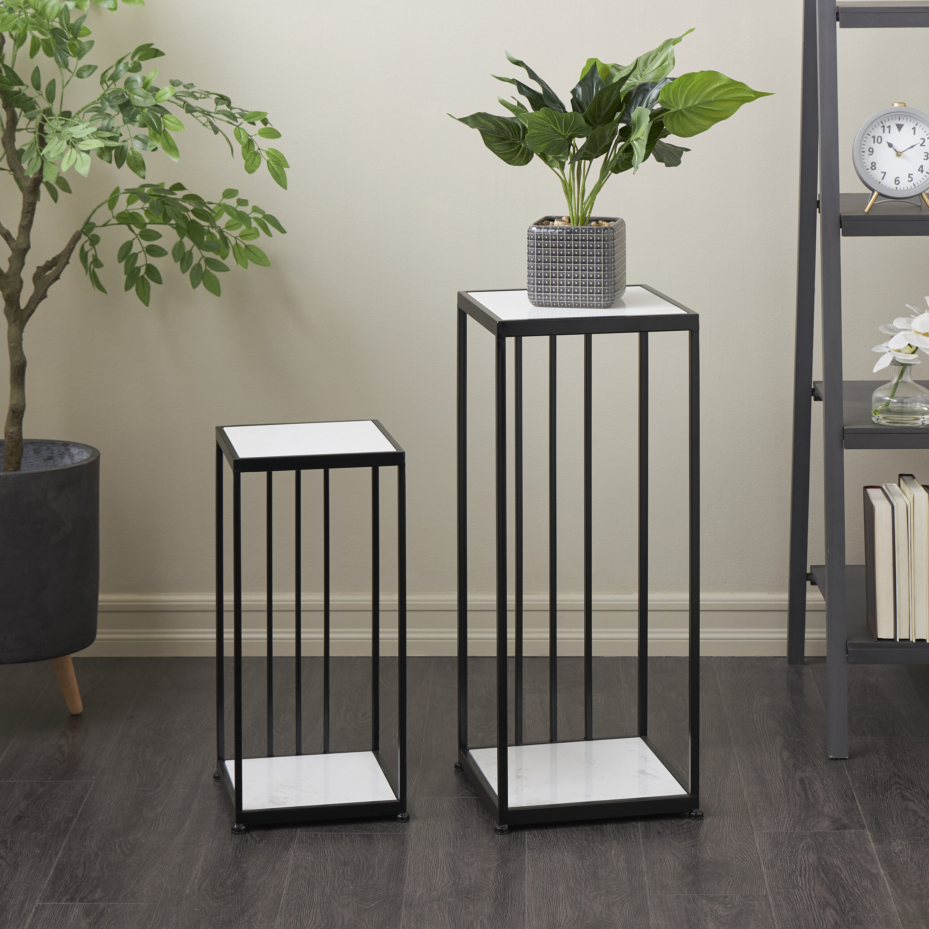 Grayson Lane 822389 29.5-Inches H x 12-Inches W Black with Marble Tabletops Outdoor Square Steel Plant Stand