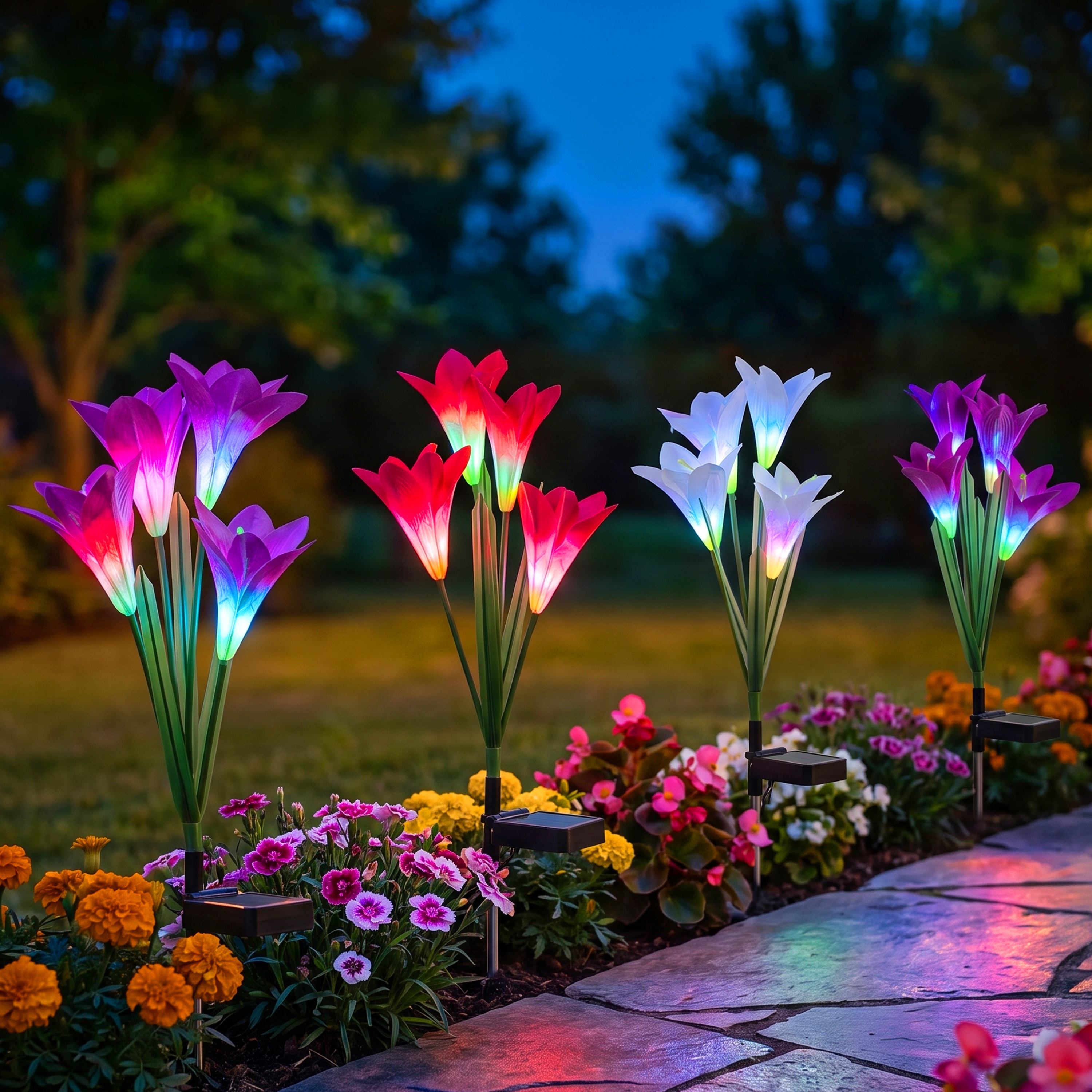 C Cattleya 4 -Pack 100 -Lumens Lily Flower Solar LED Outdoor Path Light Kit with Dusk-to-Dawn Sensor 3000-K
