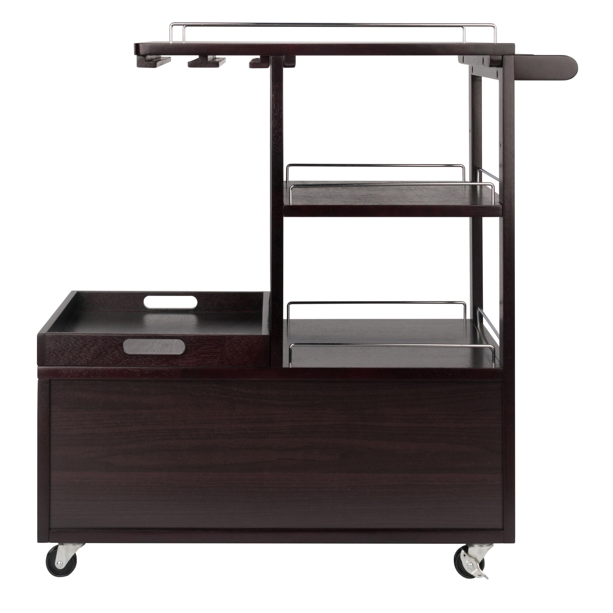 Winsome Espresso Transitional Kitchen Cart with Wine Storage and Serving Tray