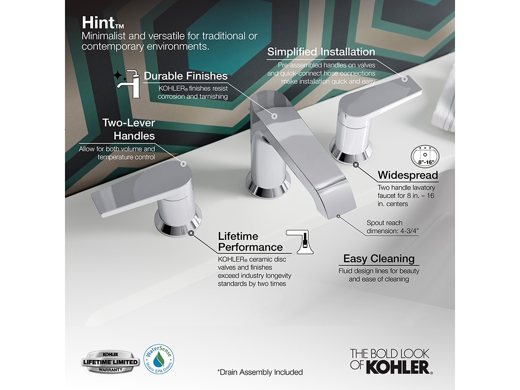 KOHLER Hint Polished Chrome Widespread 2Handle WaterSense Bathroom