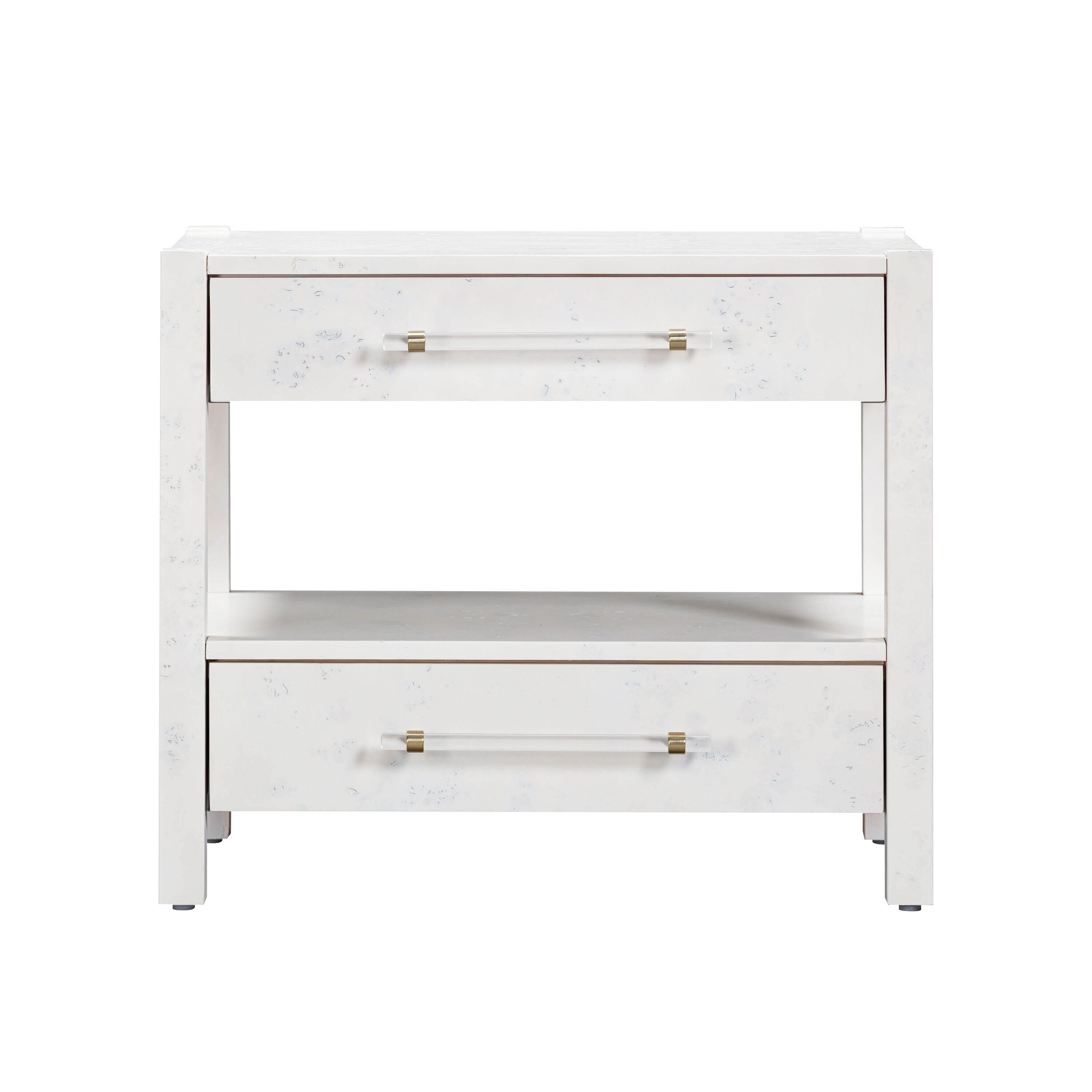 Contemporary White Burl Acacia Nightstand with Brass Accents