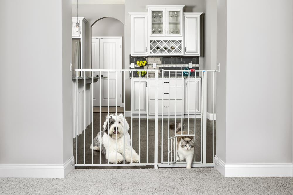 Carlson Extra Wide Walk Through Pet Gate with Small Pet Door, Includes  4-Inch Extension Kit, Pressure Mount Kit and Wall Mount Kit,White
