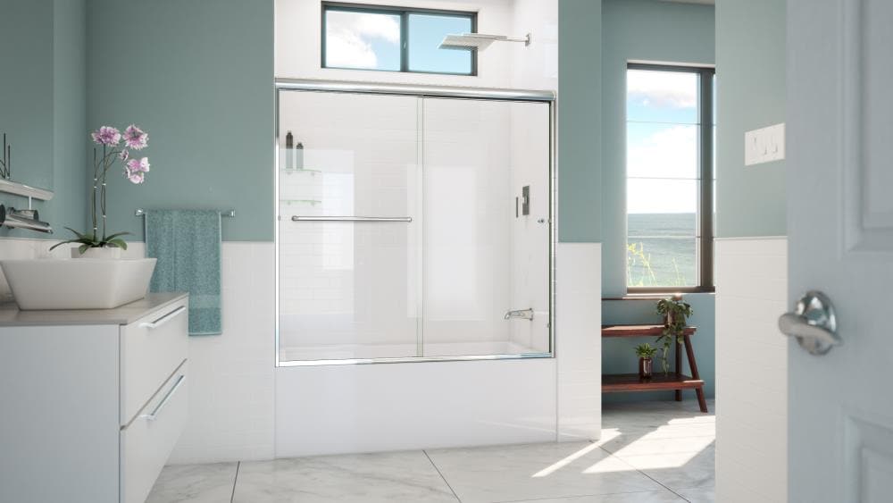 Arizona Shower Door LTER6057CHCLR Lite-Euro recessed Polished Chrome 56-in to 60-in W x 57.375-in H Semi-frameless Bypass Sliding Bathtub door
