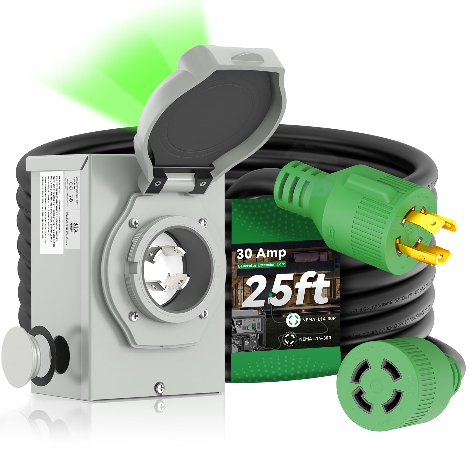 Misopily 30 Amp Generator Cord 25FT and Power Inlet Box Kit NEMA L14-30P to L14-30R 10 Gauge 4 Wire ETL Listed Pre Drilled Weatherproof Set #LMS0408G03