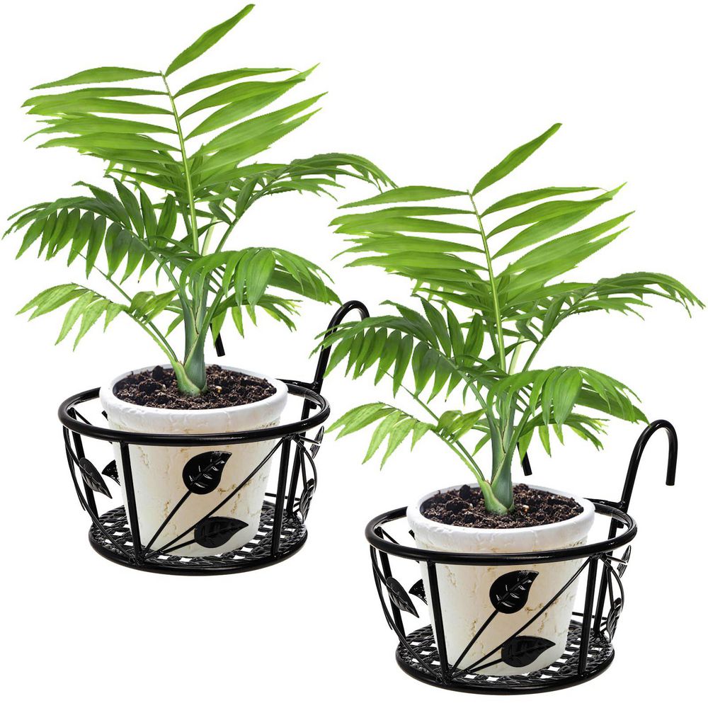 PRIMEPLUS - Black Metal Railing Planter Brackets Hanging Flower Basket Holder for Porch Balcony D...