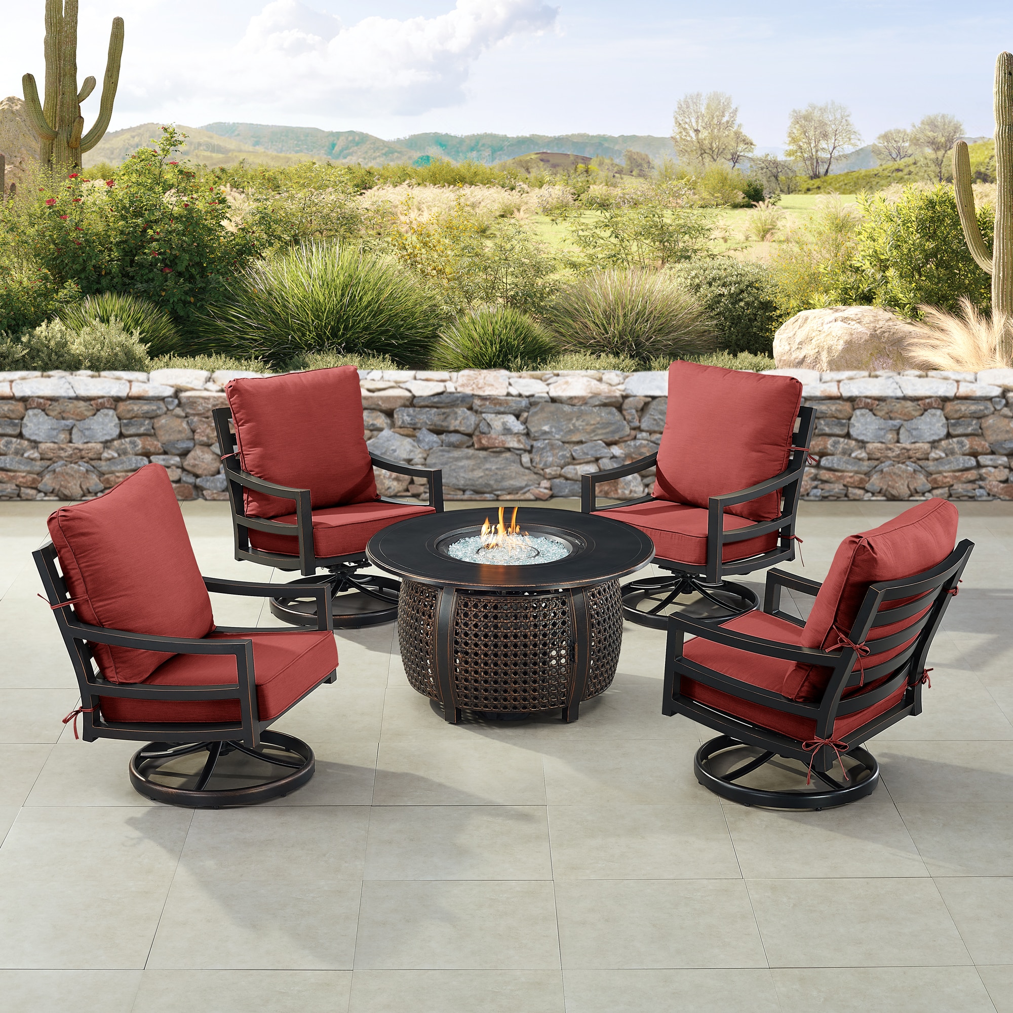 Oakland Living HUDSON4CHCLIFFRDCU Fire Pit Table Set, Four Lounge Chairs, Wind Guard and Ice Bucket 15 -Piece Patio Conversation Set with Red Cushions