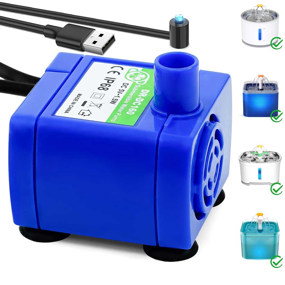 Aoibox LABAP2903 Cat Water Fountain Pump DR-DC 160 Submersible with LED Light for Stainless Steel Ceramic Pet Fountain Automatic Water Dispenser Motor Replacement