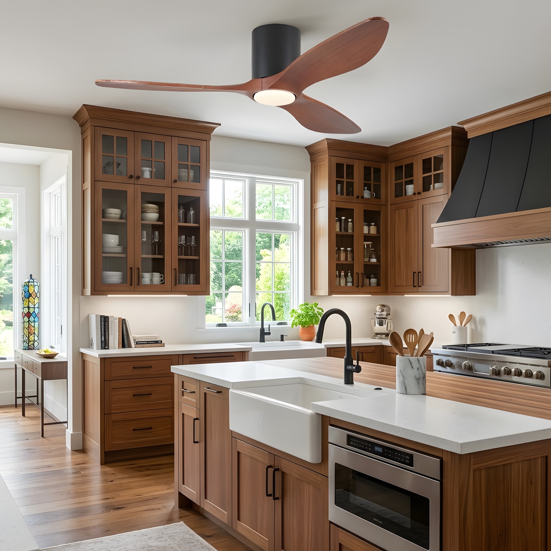 RCCFBHM 52-in Matte Black Modern Farmhouse Solid Wood Low Profile Ceiling Fan with LED Light Reversible DC Motor Walnut Blade