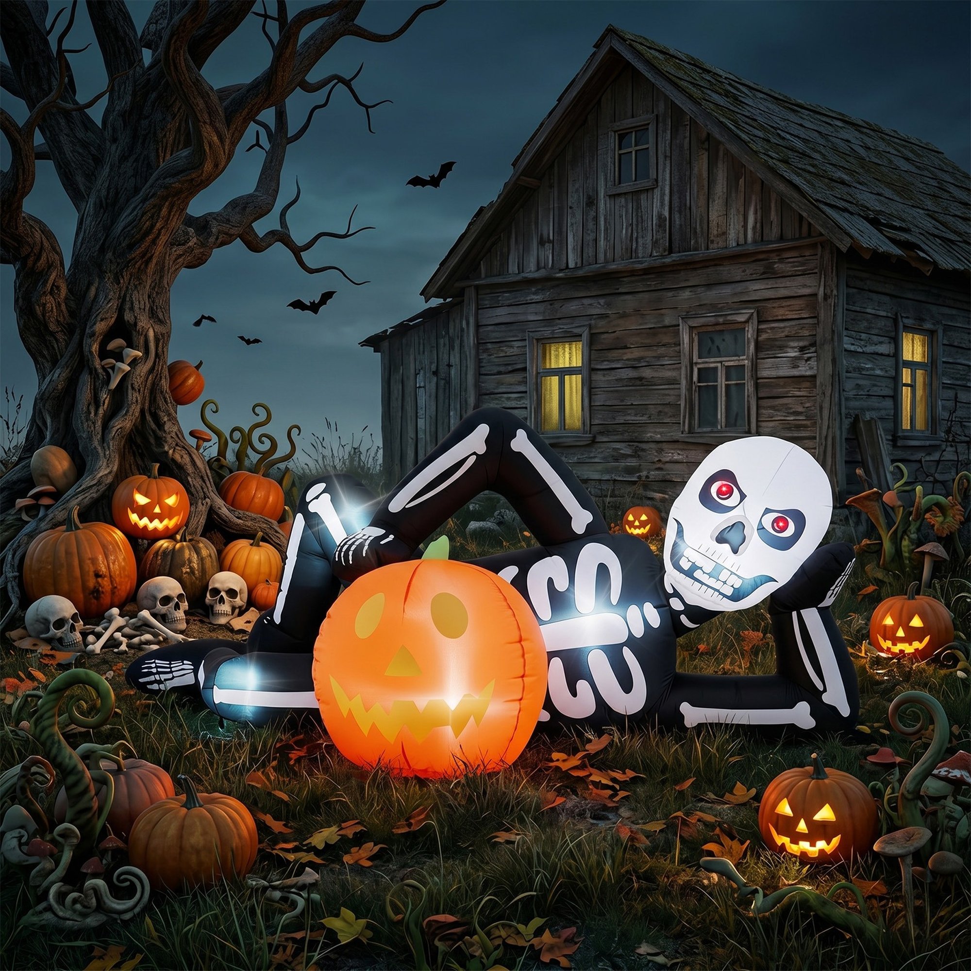 OGETFUUR 7 FT Inflatable Halloween Decor with Lying Skeleton and 7 Built in LED Lights with Adapter for Outdoor Yard Garden Party