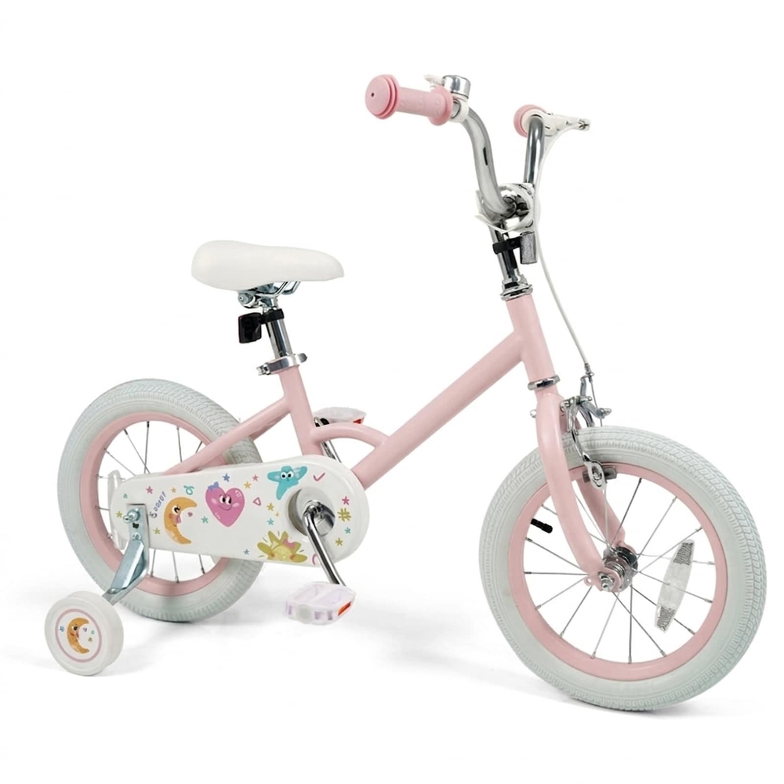 SUGIFT 14-in Kids Bike Adjustable for Ages 3-8 with Dual Hand Coaster Brakes Training Wheels Chain Guard 110-lb Capacity-Pink Stars Moon