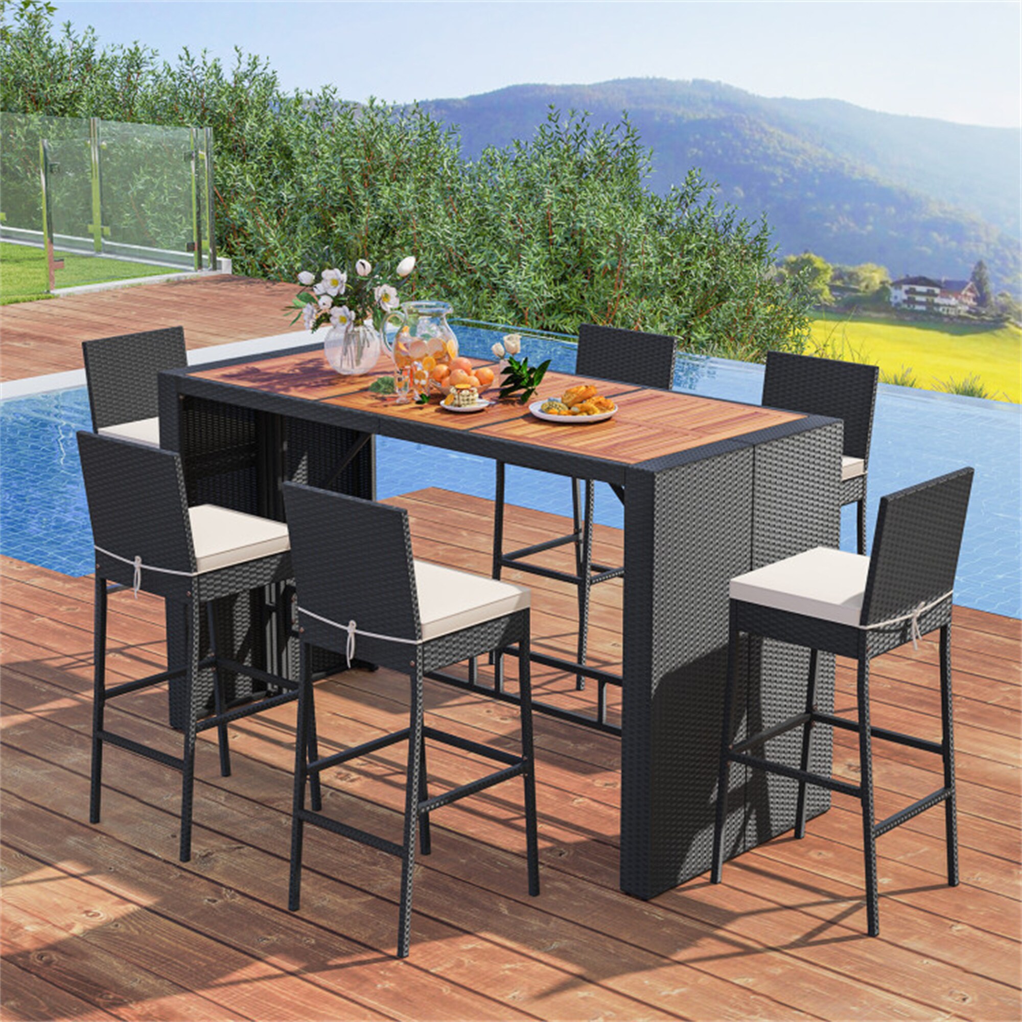 BABOOM BOM-334AAK-OR Patio Rattan Bar Set 7 -Piece Black Rattan Patio Dining Set Wood Rectangle Table with 6 Off-white Cushions Stationary Chairs