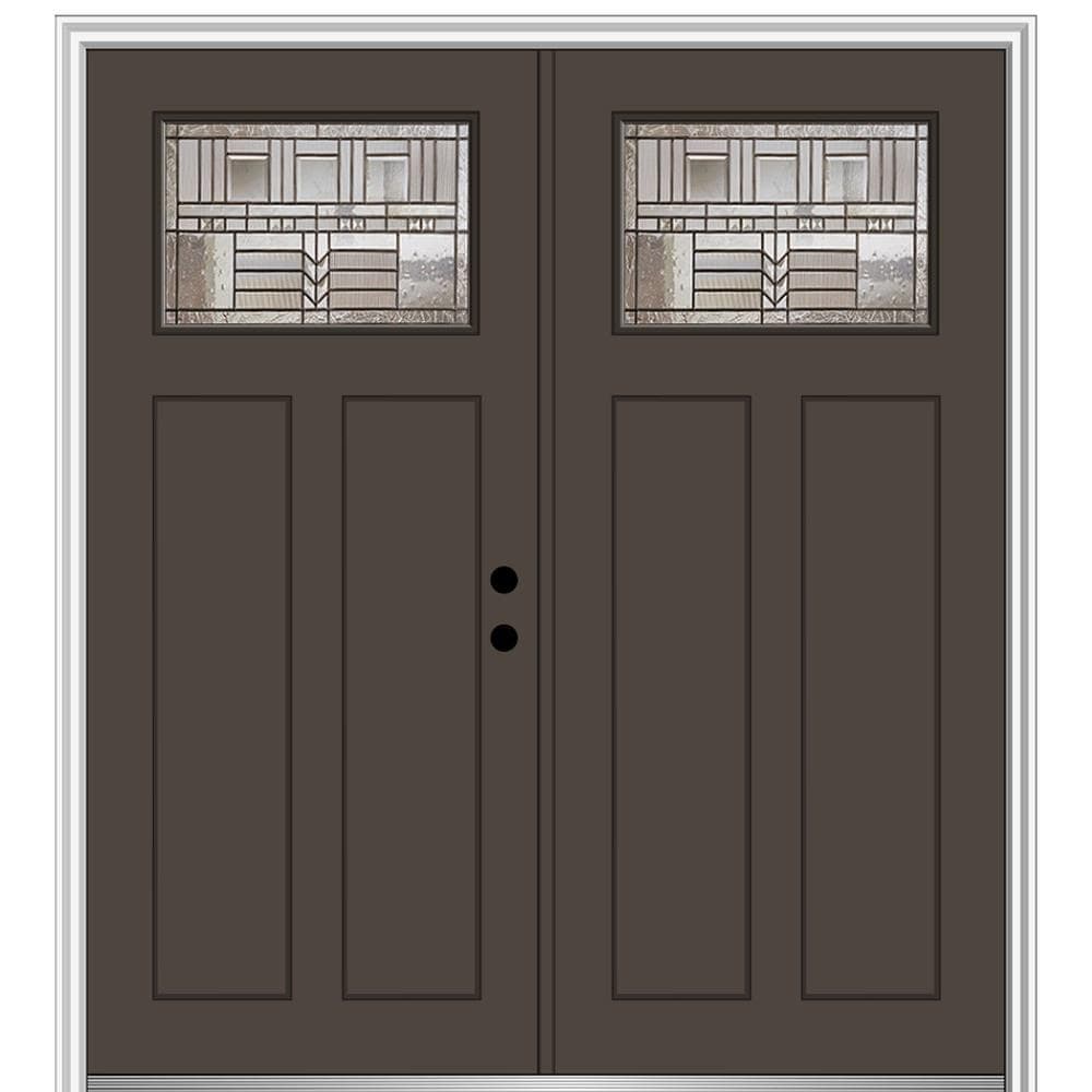 MMI DOOR ZZ3664972L 72-in x 80-in x 4-9/16-in Fiberglass Craftsman Left-hand inswing Brown Painted Prehung Double Front Door with Brickmould Insulating core